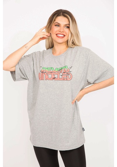 Şans Kadın Gri Pamuklu Kumaş Ön Baskılı Bluz 65n35373 - Gri