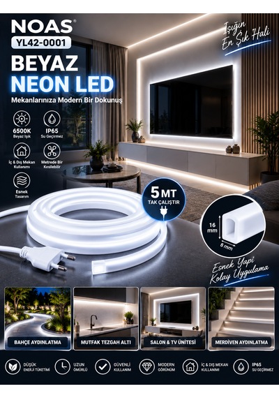 Tak Çalıştır 5 Metre Esnek Noas 6500k Beyaz Neon Led Montaj Aparatı Dahil 220v Tak Çalıştır Ip65 Esnek Hortum Led 8x16 Mm Iç Dış Mekan 6500K - Beyaz Işık