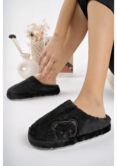Kışlık Peluş Ayıcık Desenli Sessiz Ortopedik Taban Çeyiz Misafir Ev Terliği Set Siyah