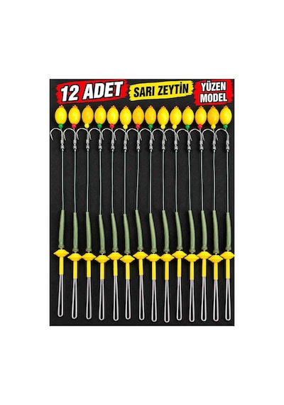 12 Adet Sarı Zeytin Yüzen Model Sazan Olta Takımı Büyük Iğneli Hazır Rig Ve Boli Seti