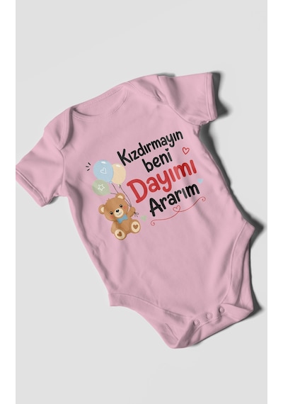 Morivokids Kızdırmayın Beni Dayımı Ararım Kısa Kollu Bebek Body %100 Pamuk Koyu Pembe