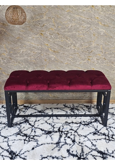 Zafir Siyah Boyalı İçi Kareli Diktörtgen 100 Cm X 40 Cm Oturak Puf - Bench - Makyaj Oturağı - Oturak Bordo