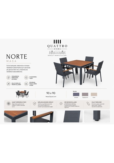 Norte 90x90 Alüminyum Bahçe Masası Ahşap Görünümlü Kare Dış Mekan Masa Uv Ve Suya Dayanıklı Açık Ahşap