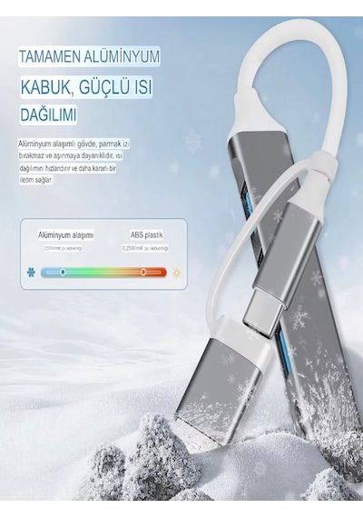 Alüminyum Metalik 4'ü 1 Arada Usb + Type-c Çevirici, Usb 3.0 Hızl