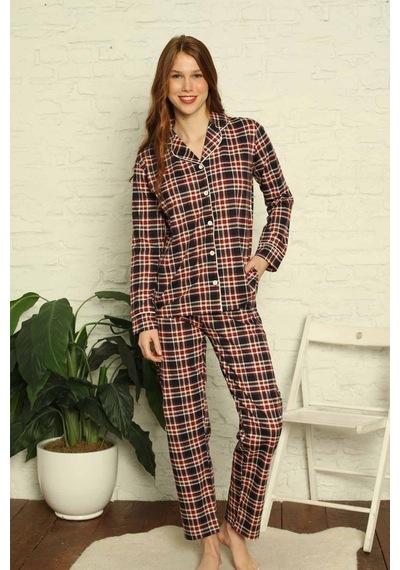 Farya Home Dreamy Ekoseli Pamuklu Biyeli Uzun Kollu Gömlek Pijama Takımı Ekose Siyah