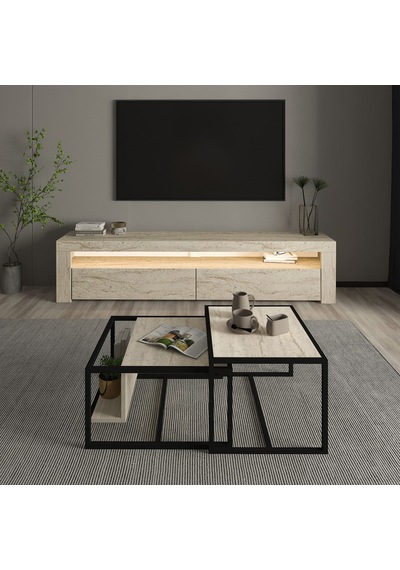 Batı Led Işıklı Tv Sehpası Ve Modern İkili Orta Sehpa Set Traverten