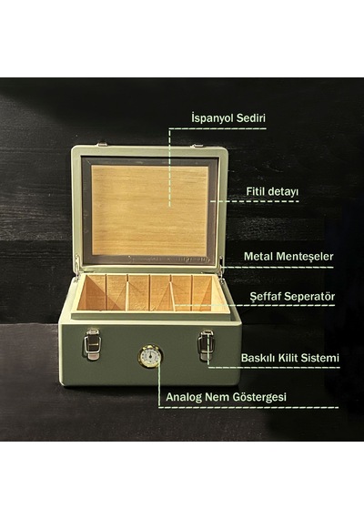 Mezmob İspanyol Sedir Humidor Puro Kutusu Baskı Kilitli Fitilli Haki Yeşil Lake Boya Analog