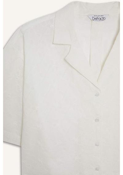 Defacto Oversize Geniş Kalıp Pijama Yaka Nakışlı Brode Kısa Kollu Gömlek B9022ax25smwt32 Beyaz
