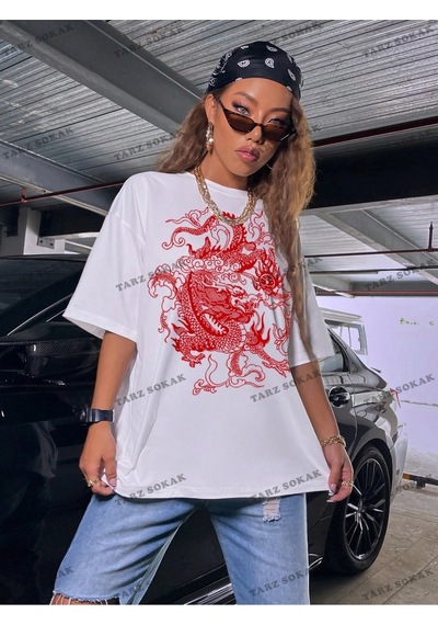 Startmore Unisex Bay Ejderha Baskılı Düşük Omuz Kısa Kollu Tişört Kod-1349 Beyaz
