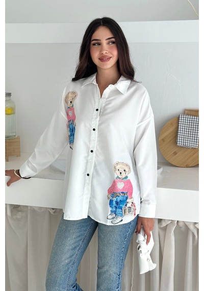 Asprin Fashion Ayıcık Baskılı Gömlek Beyaz Beyaz