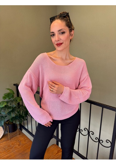 Ali Butik Pembe Oval Yaka Dökümlü Triko Pembe