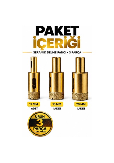 Seramik Delme Pançı 3 Lü Set 12-18-20 Mm Elmas Kaplama M14 Uyumlu