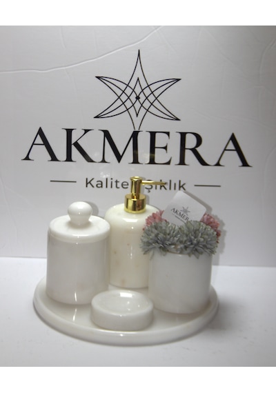 Mermer Kulplu Lüks 5 Parça Banyo Seti Altın - Beyaz
