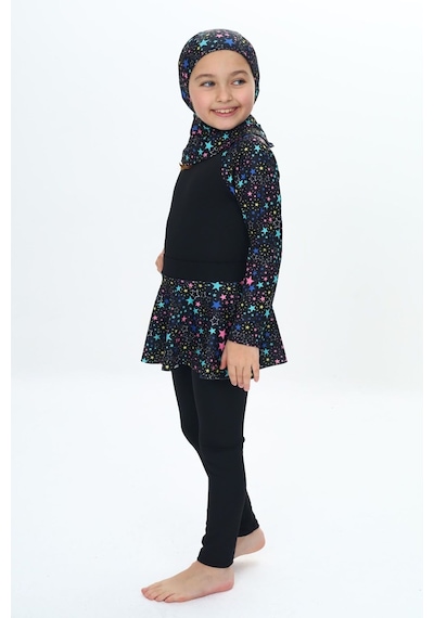 My Kids Wear Üç Parça Kız Çocuk Haşema, Tesettür, Etekli, Kapalı Mayo Mavi - Sarı