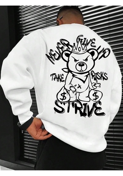 Plus Bear And Slogan Graphic Sweatshirt Beyaz Beyaz