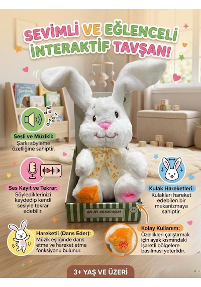 Sevimli Tavşan Sesli Müzikli Dans Eden Ses Kayıtı Yapıp Taklit Eden Hareketli Kulaklı Oyuncak Peluş Beyaz