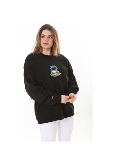 Şans Kadın Büyük Beden Siyah Pamuk Kumaş Nakışlı Sweatshirt 65n37617-siyah Siyah