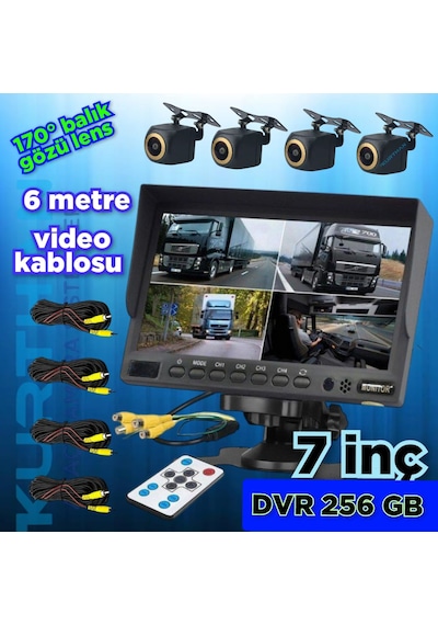 4 Adet Ahd 720p 170 Derece Açılı Kamera Ve 7'' Dvr Monitör 12 V