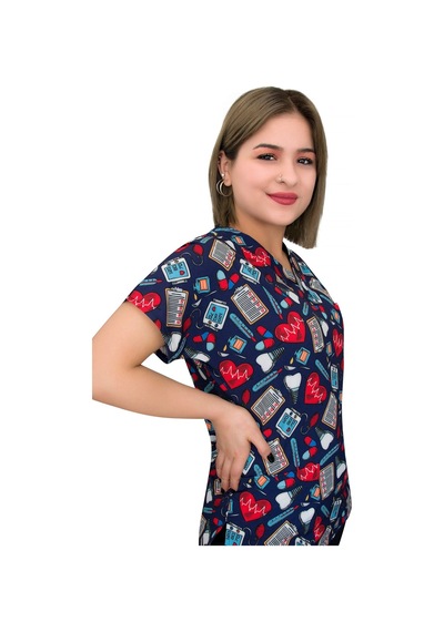 Unisex Lacivert Kalp Ritim Desenli Doktor Hemşire Hastane Tek Üst Forma Lacivert Lacivert