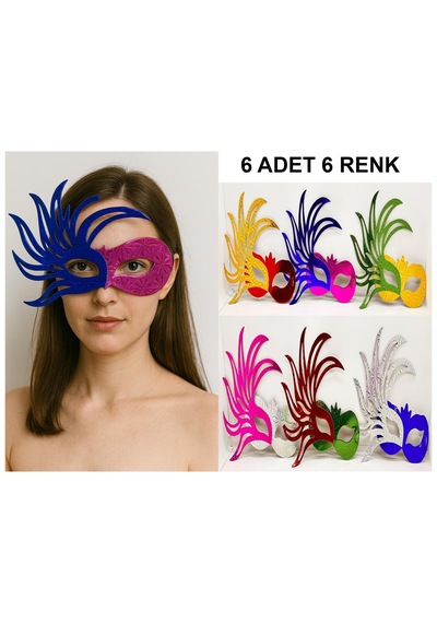 6 Lı Çift Renkli Venedik Karton Parti Maskesi Seti Altın Ve Çok Renkli