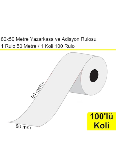 80x50 Metre Yazarkasa Ve Adisyon Rulosu 100'lü Koli / En:80 Mm Boy:50 Metre