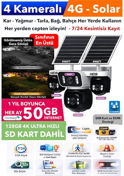 20mp 4 Kameralı Güneş Enerjili 4g Güvenlik Kamerası 600gb İnternet 128gb Sd Kart Üstün Gece Görüşlü