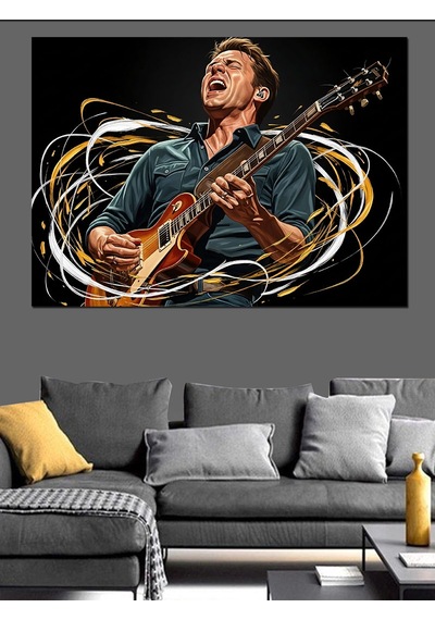 Ahşap Tablo Gitar Çalan Karizmatik Müzisyen Portresi