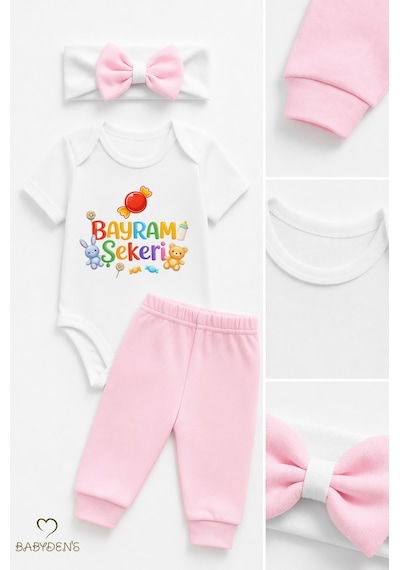 Babyden's Kız Bebek Bayramlık 3'lü Takım Bayram Şekeri Baskılı Body Pantolon Fiyonk Saç Bandı Kombini Pembe