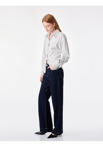 Koton Klasik Yaka Slim Fit Çizgili Uzun Kollu Gömlek Ekru Çizgili 7wak60189pw