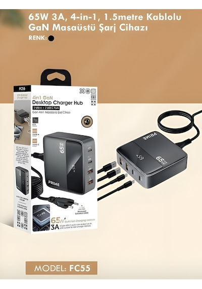 65w Gan 3a 4 Portlu 1,5 Metre Uzatma Kablolu Usb + Type-c Çoklayıcı Masaüstü Şarj Cihazı 1.5 M
