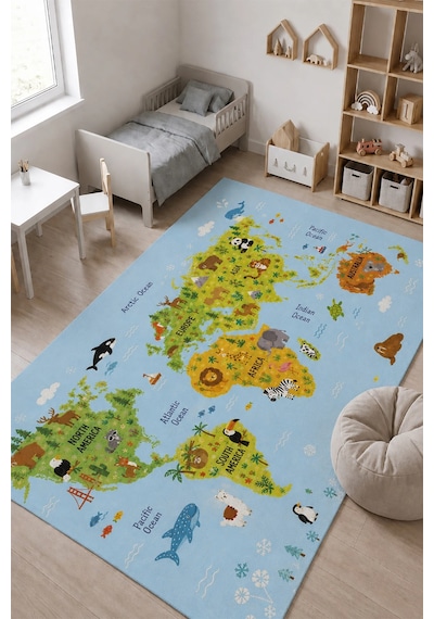 Sonictouch Çocuk Oyun Halısı İngilizce Eğitici Dünya Haritası ve Hayvanlar 70x120 CM İsme Kişiye Özel