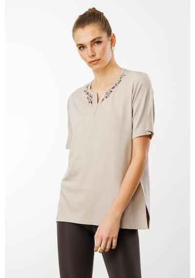Desen Triko Kadın Açma Yaka Dantel Çiçek İşlemeli Penye T-shirt 24751 Bej Bej