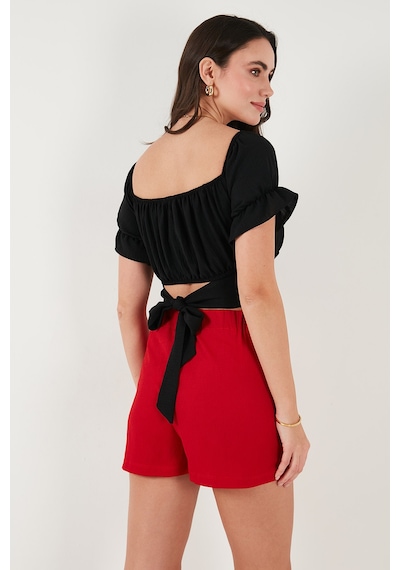 Lela Regular Fit Madonna Yaka Bağlama Detaylı Crop Bayan Bluz 6527017 Siyah