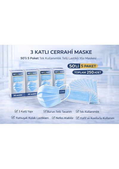 3 Katlı Cerrahi Maske 50'li 5 Paket Tek Kullanımlık Telli Lastikli Yüz Maskesi Toplam 250 Adet