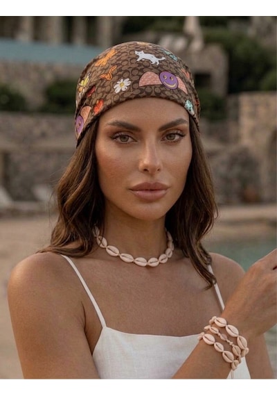 Trend Dokunuş Kadın 70-70 Kedili Hayvan Figürlüfular Bandana Kahverengi