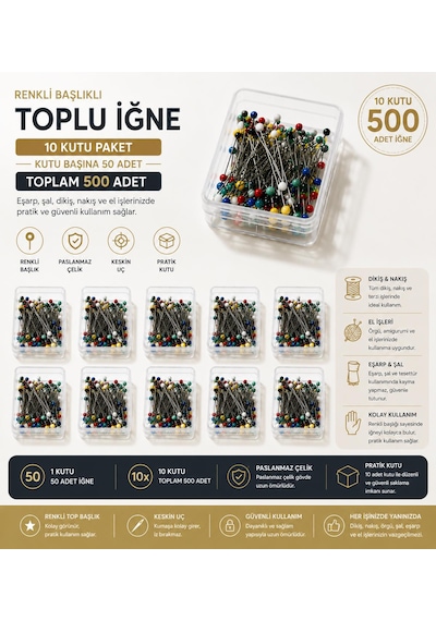Renkli Başlıklı Toplu İğne 10 Kutu 500 Adet Eşarp Ve Hobi İğnesi