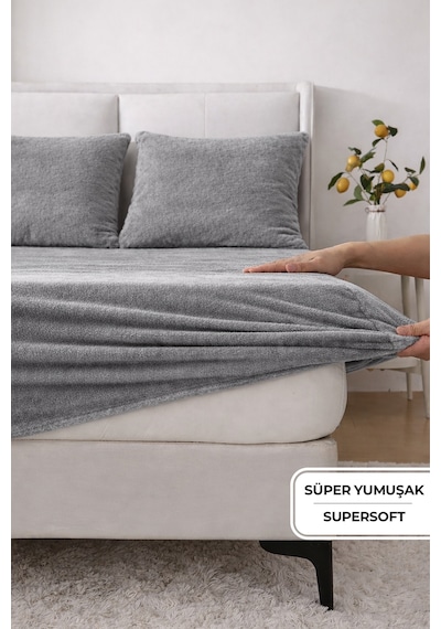 Süper Yumuşak Flanel Kadifemsi Peluş Lastikli Fitted Çarşaf Seti Kaymaz Tek/çift Kişilik Gri