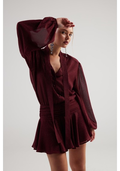 Holly Lolly Simli Kumaş Fırfırlı Mini Vanesa Elbise Bordo