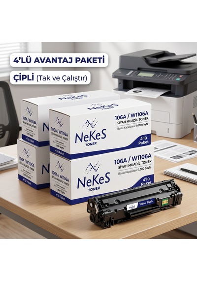 Nekes Hp Laser 107a/107w/107r Siyah Muadil Toner Çipli - Tak Çalıştır 4 Adet Ekonomik Paket / 106a W1106a