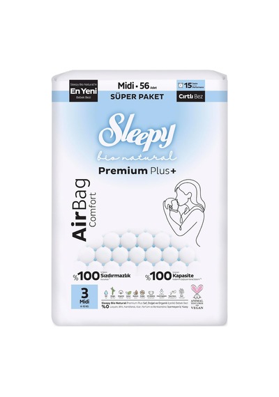 Sleepy Bio Natural Premium Plus Airbag Comfort Süper Paket Bebek Bezi 3 Numara Midi 56 Adet 0 Numara