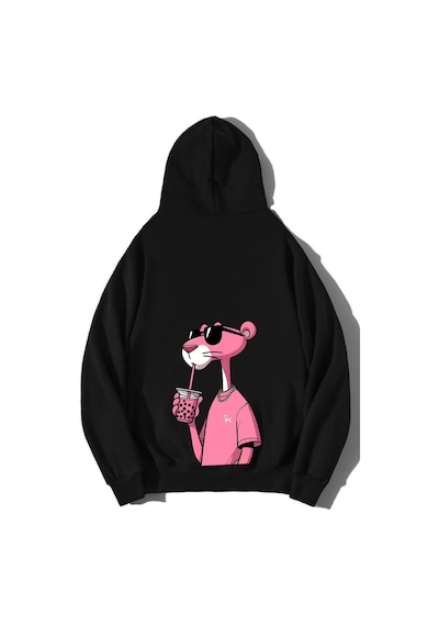 Brz Collection Unisex Oversize Pembe Panter Hoodie Siyah