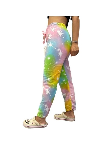 Mihra Kadın Desenli Yumuşak Polar Kışlık Pijama Eşofman Tek Alt Beyaz-renkli