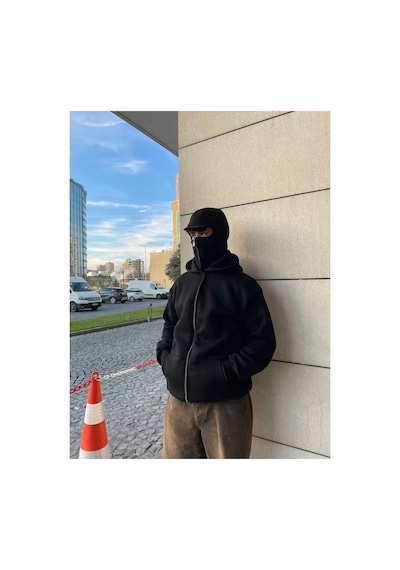 Samuray Ninja Çift Kapşonlu Zıp Fermuarlı Kanguru Çepli Tam Fermuarlı Hoodie Swetshirt - Siyah