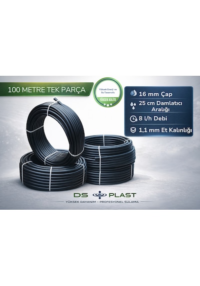 16 Mm 25 Cm Delikli Damla Sulama Borusu 100 Metre 8 L/h 1,1 Mm
