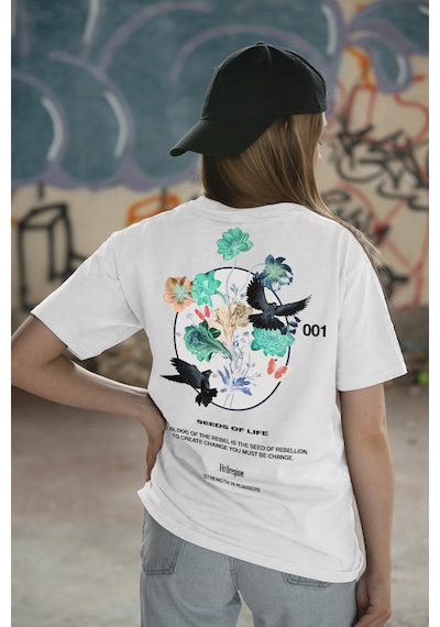 Spoyi Rebel Bloom Tasarımlı %100 Pamuk Yarım Oversize Beyaz T-shirt