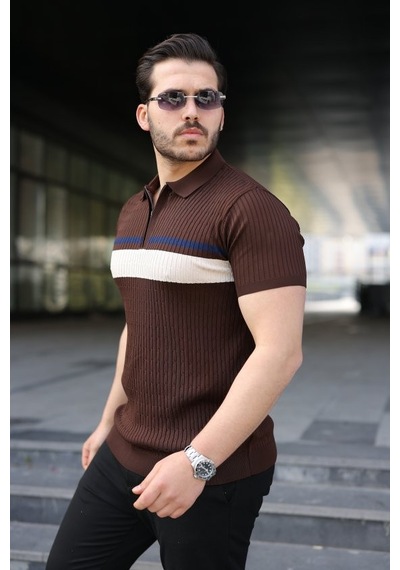 Veraura Lifestyle Erkek Örgü Desenli Renkli Kısa Kollu Triko Tişört Kahverengi