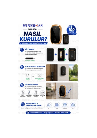 Kablosuz Kapı Zili 100 Metre Çekim Mesafeli Priz Tipi Kapı Zili Pil Dahil 36 Melodili Güçlü Ses