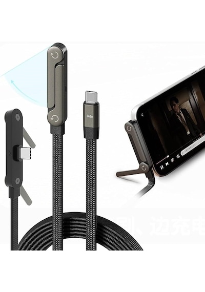 240w Hızlı Şarj Destekli Katlanabilir Telefon Standlı Örgülü Type-c To Type-c Şarj Kablosu 5286