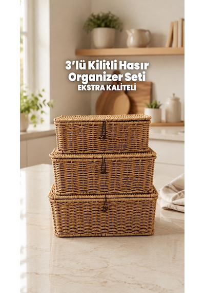 3 Adet Hasır Masaüstü Organizer - Hasır Rattan Hurç - Çelik Hasır Kilitli Sepet - Kapaklı Organizeri - Ekstra Kaliteli