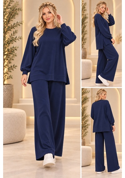Bul-al Kadın Oversize Bisiklet Yaka Uzun Kollu Tunik Ve Cepli Olmayan Bol Paça Pantolon İkili Takım Lacivert Bul-al Kadın Oversize Bisiklet Yaka Uzun Kollu Tunik Ve Cepli Olmayan Bol Paça Pantolon İkili Takım Lacivert
